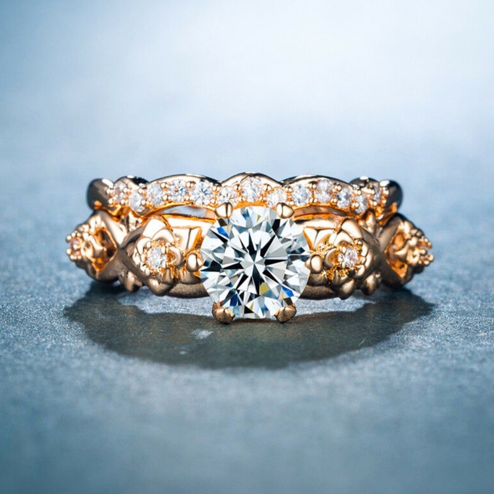 💕gorgeous 2pcs rose gold engagement ring 9